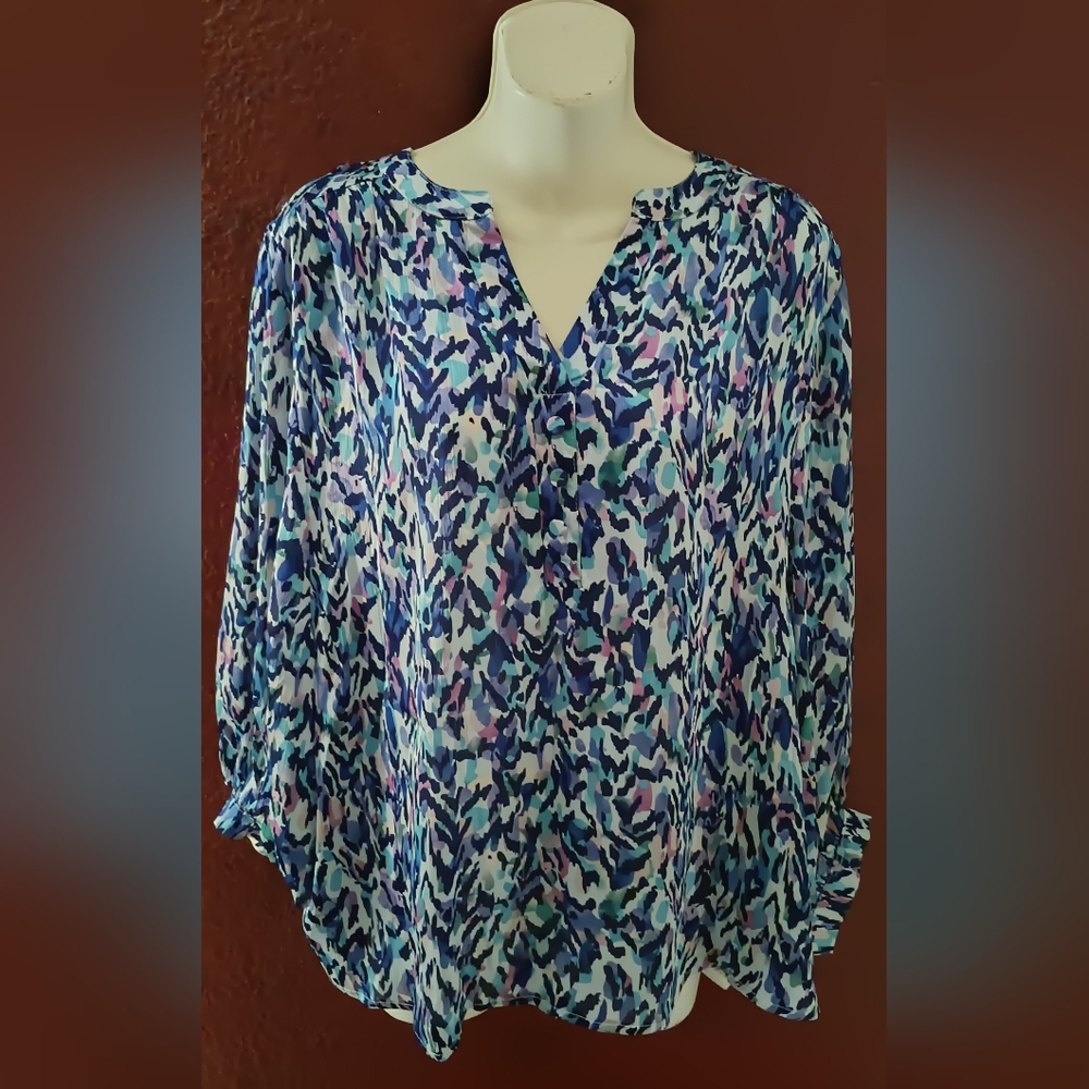 Umgee V-neck Blue Boxy Print Blouse size L
